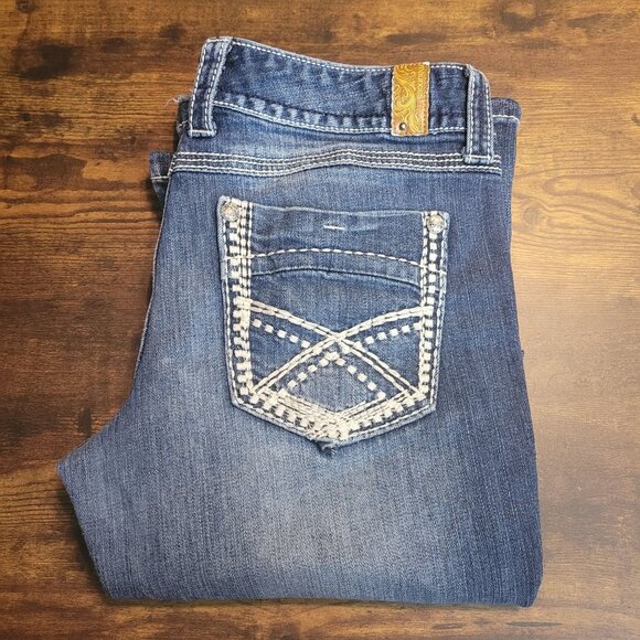 Maurices Jeans Womens 11-12 R Flare Low Rise Ripped Thick Stitch Medium Light - Picture 3 of 11